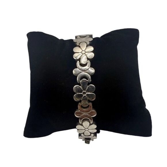Taxco Mexico Sterling Silver Flower Floral Daisy Chain Link Bracelet Solid Heavy - Picture 2 of 8
